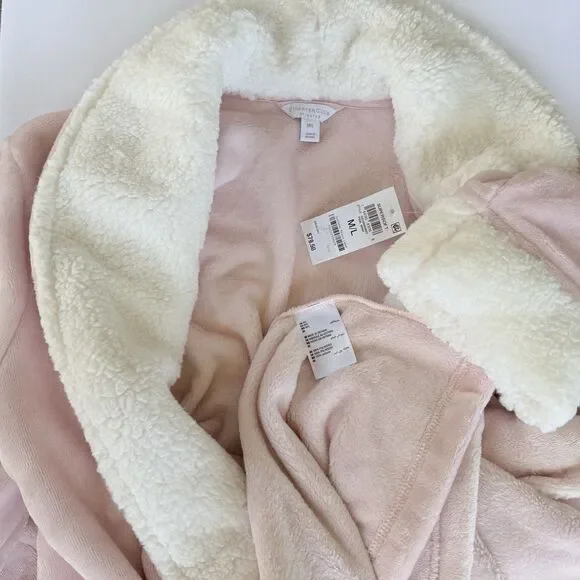 NWT Charter Club Women's Long Plush Fleece Pink Robe White Trim Soft Belt - Picture 3 of 4